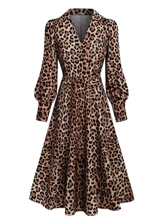 Robe léopard marron à col V et manches ballon années 1940