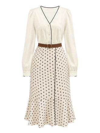 2PCS Ensemble blouse beige en satin à col V et jupe sirène à pois Années 1930 - 2