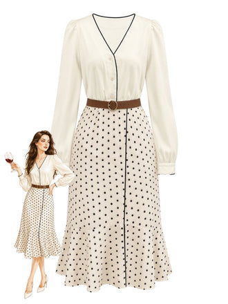 2PCS Ensemble blouse beige en satin à col V et jupe sirène à pois Années 1930 - 1