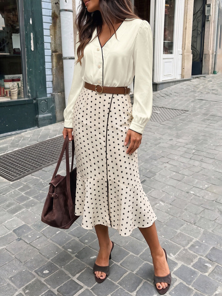 2PCS Ensemble blouse beige en satin à col V et jupe sirène à pois Années 1930 - 3