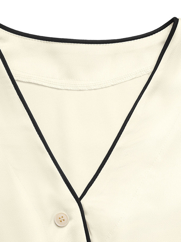 2PCS Ensemble blouse beige en satin à col V et jupe sirène à pois Années 1930 - 7