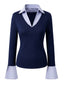 Haut bleu marine à col V et manches évasées style preppy Années 1980