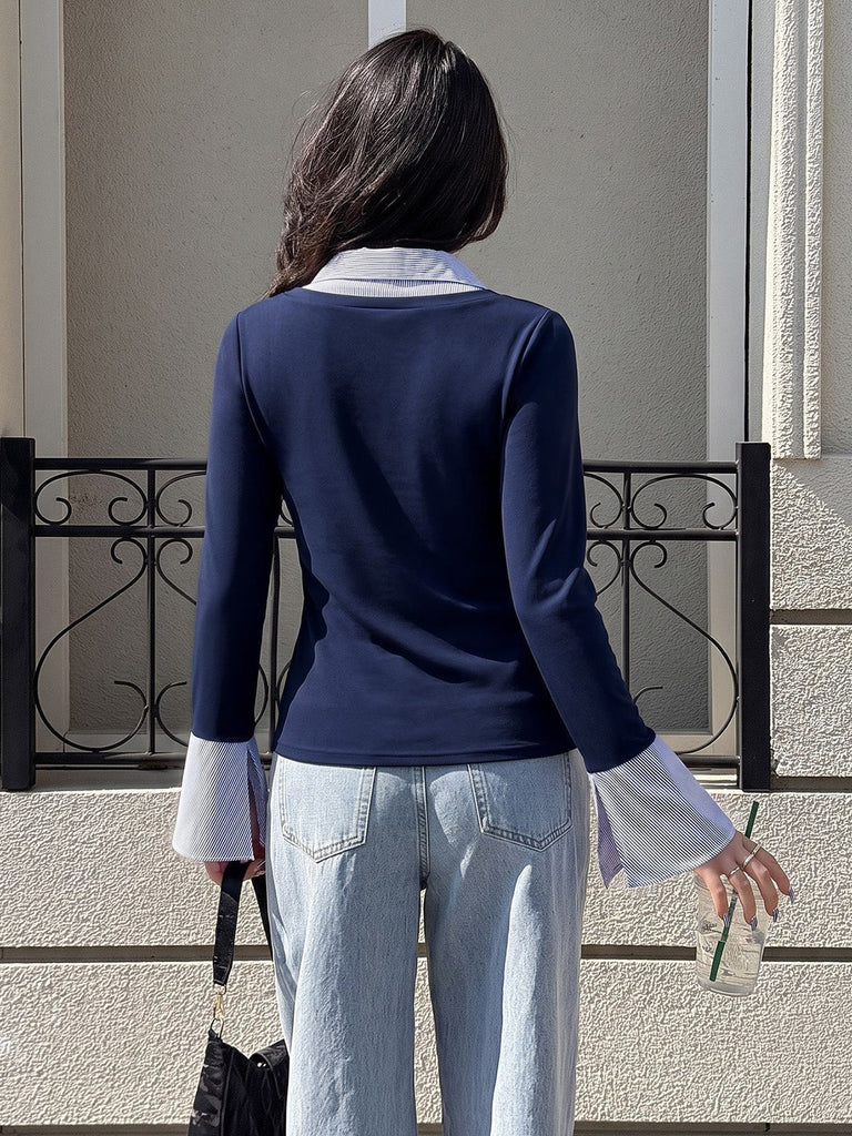Haut bleu marine à col V et manches évasées style preppy Années 1980 - 4