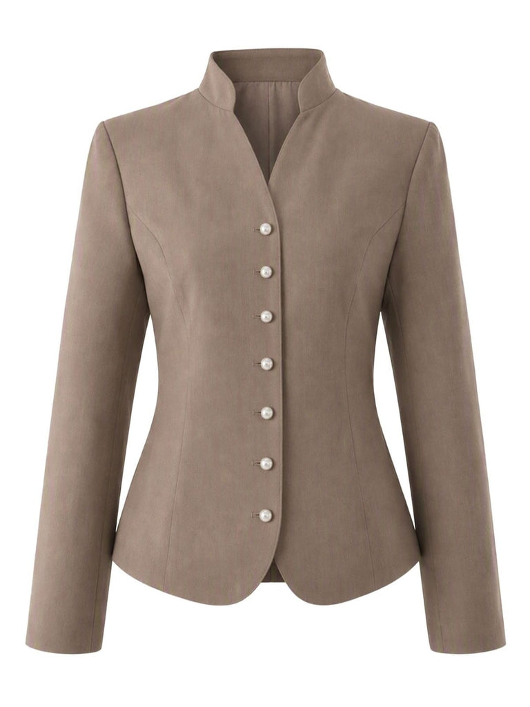 Veste kaki unie à faux col V et boutons Années 1950 - 1