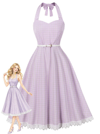 Robe lavande à carreaux, col Halter, dos nu et empiècements en dentelle Années 1950 - 1