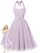 Robe lavande à carreaux, col Halter, dos nu et empiècements en dentelle Années 1950 - 1
