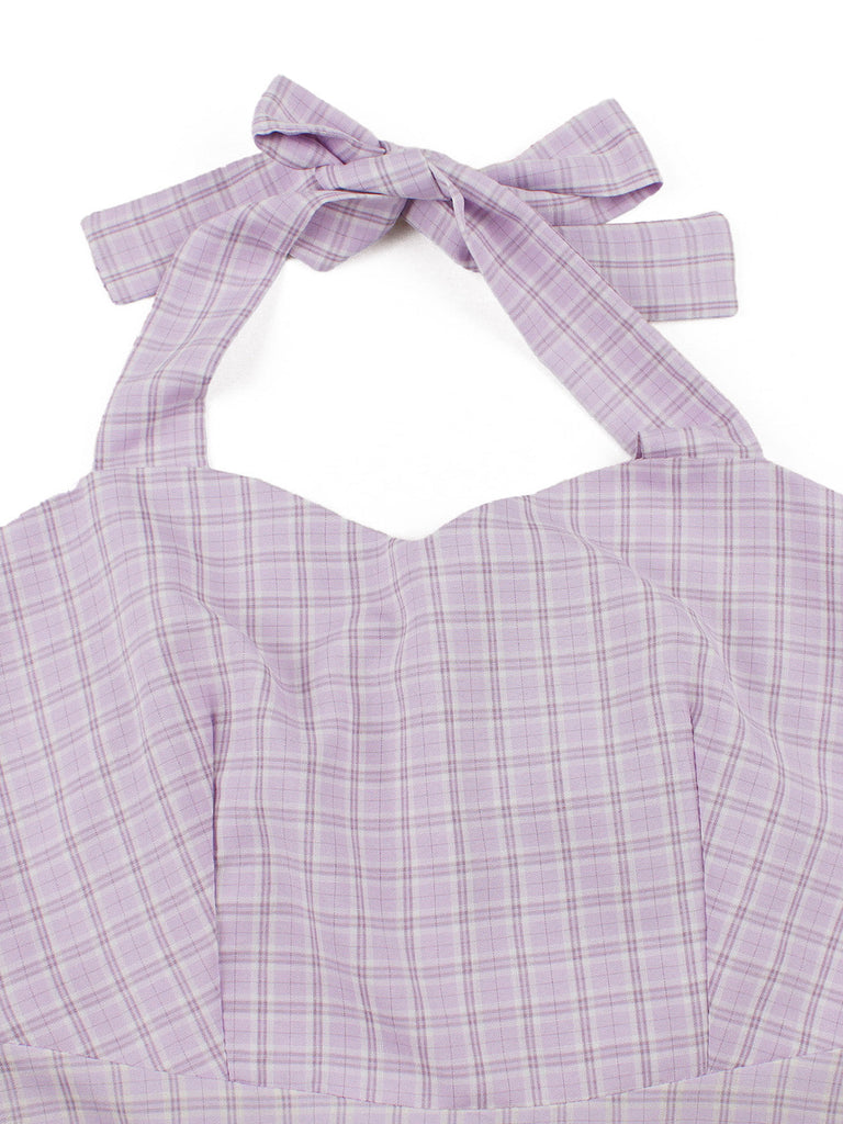 Robe lavande à carreaux, col Halter, dos nu et empiècements en dentelle Années 1950 - 4