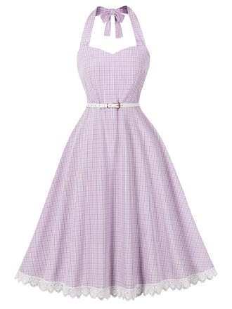 Robe lavande à carreaux, col Halter, dos nu et empiècements en dentelle Années 1950 - 2
