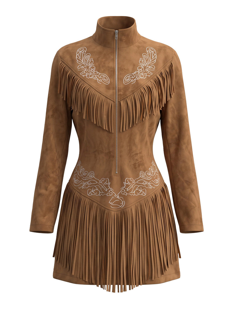 Robe western en suédine brodée à col montant et franges Années 1970 - 1