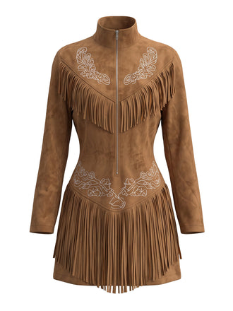 Robe western en suédine brodée à col montant et franges Années 1970 - 1