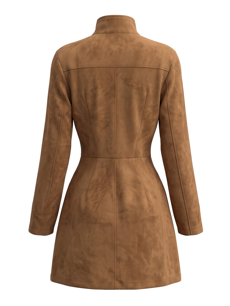 Robe western en suédine brodée à col montant et franges Années 1970 - 2