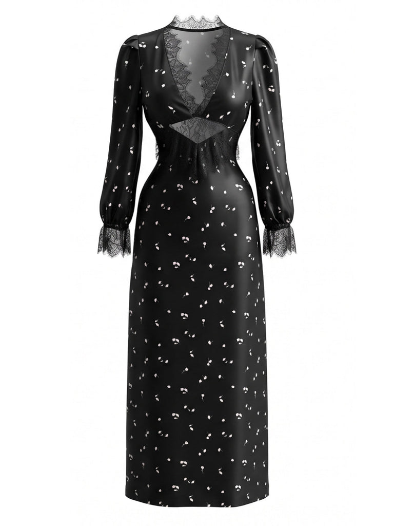 Robe noire en satin et dentelle à col V ajouré Années 1970 - 1