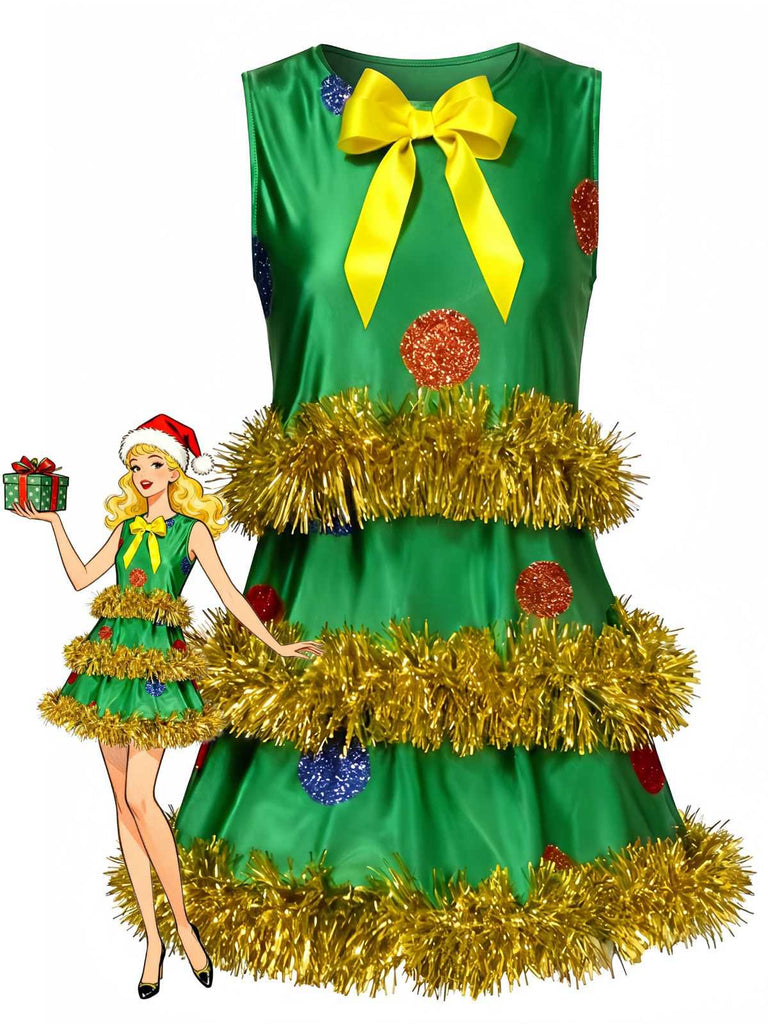 Robe trapèze sans manches verte effet guirlande de Noël années 70