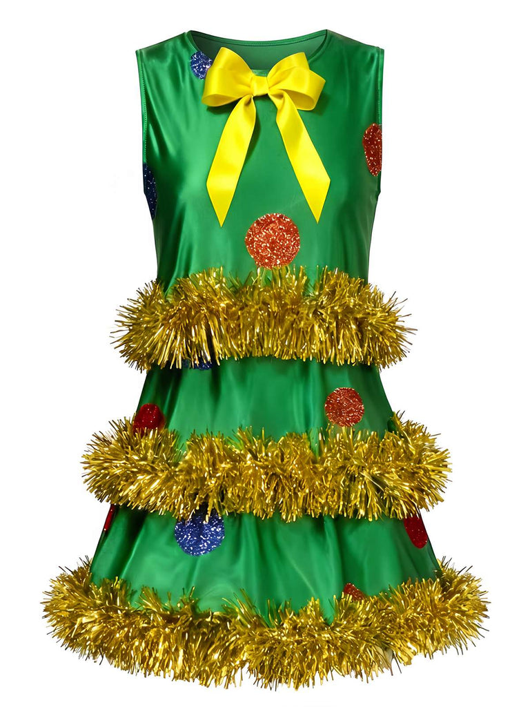 Robe trapèze sans manches verte effet guirlande de Noël années 70