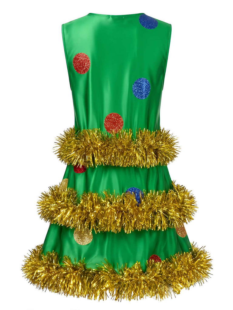 Robe trapèze sans manches verte effet guirlande de Noël années 70