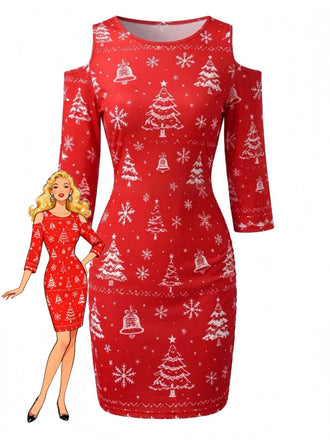 Robe crayon rouge à épaules ajourées et imprimé sapins et flocons de Noël Années 1960 - 1