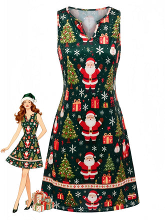Robe verte de Noël sans manches à encolure en V et imprimé Père Noël Années 1960 - 1