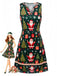 Robe verte de Noël sans manches à encolure en V et imprimé Père Noël Années 1960 - 1