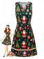 Robe verte de Noël sans manches à encolure en V et imprimé Père Noël Années 1960