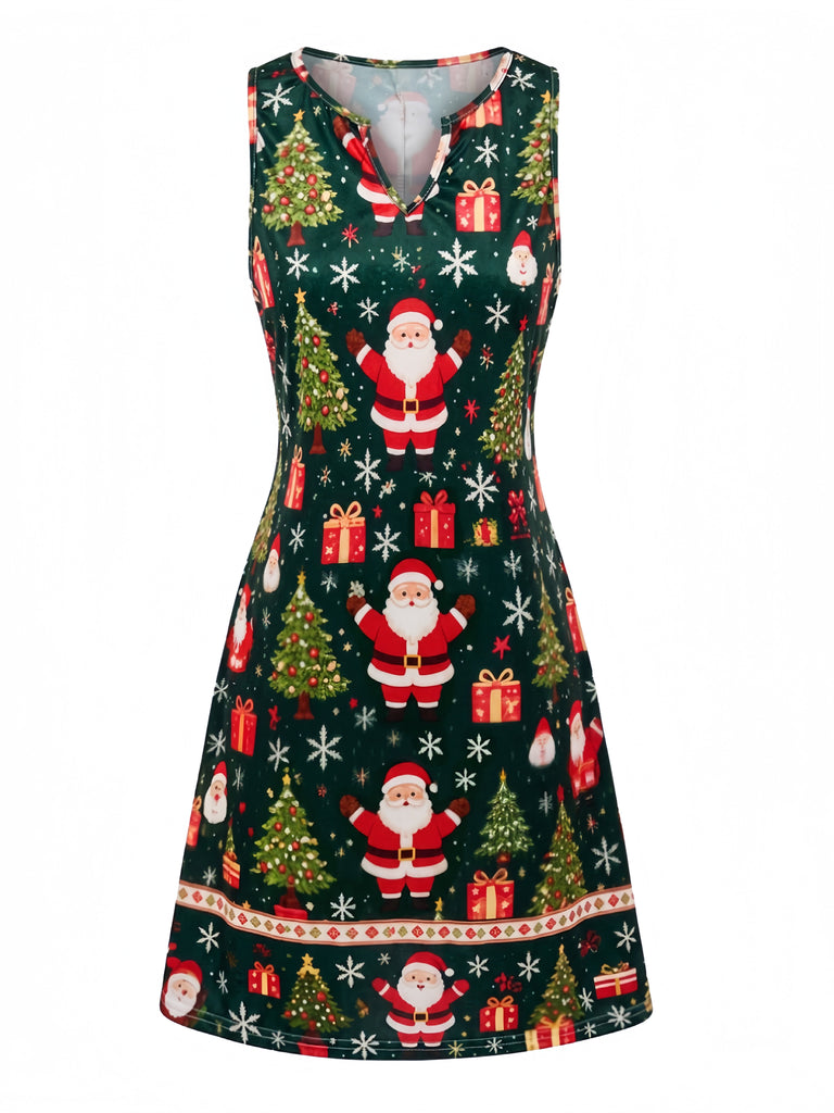 Robe verte de Noël sans manches à encolure en V et imprimé Père Noël Années 1960 - 2