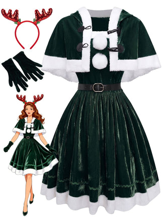 Ensemble robe bustier et cape de Noël en velours vert Années 1950 - 1