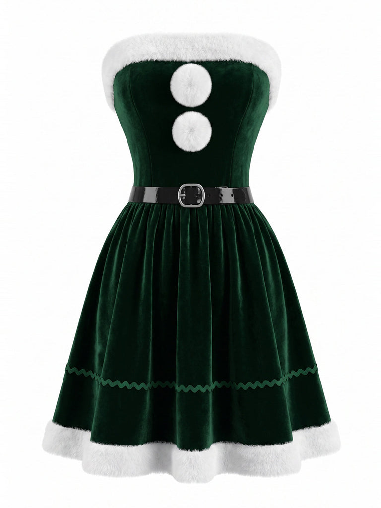 Ensemble robe bustier et cape de Noël en velours vert Années 1950 - 3