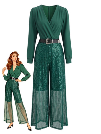 Combinaison à sequins, col V et manches longues Années 1950 - 1