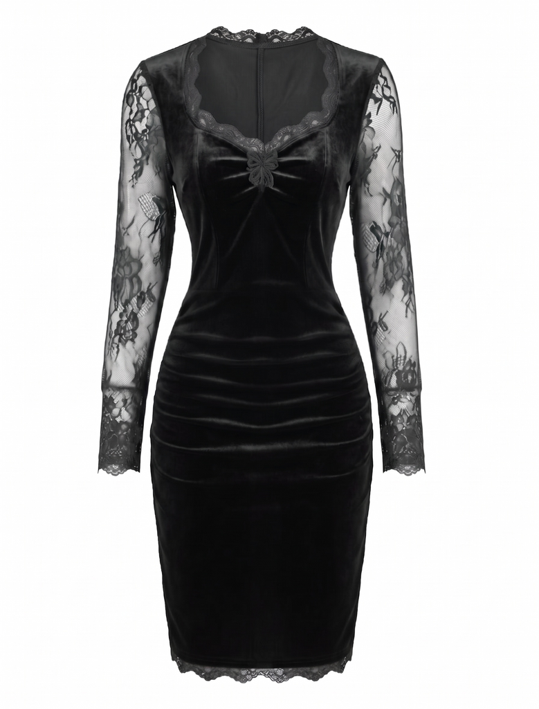 Robe moulante en velours à manches en dentelle Années 1960 - 4