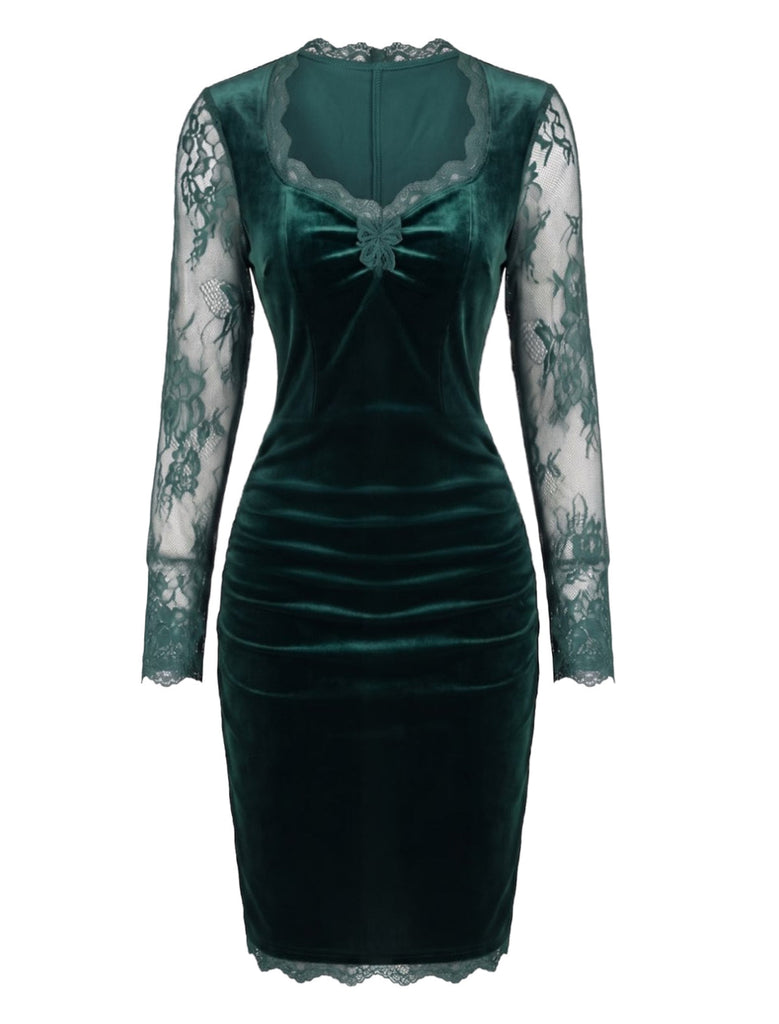 Robe moulante en velours à manches en dentelle Années 1960 - 6