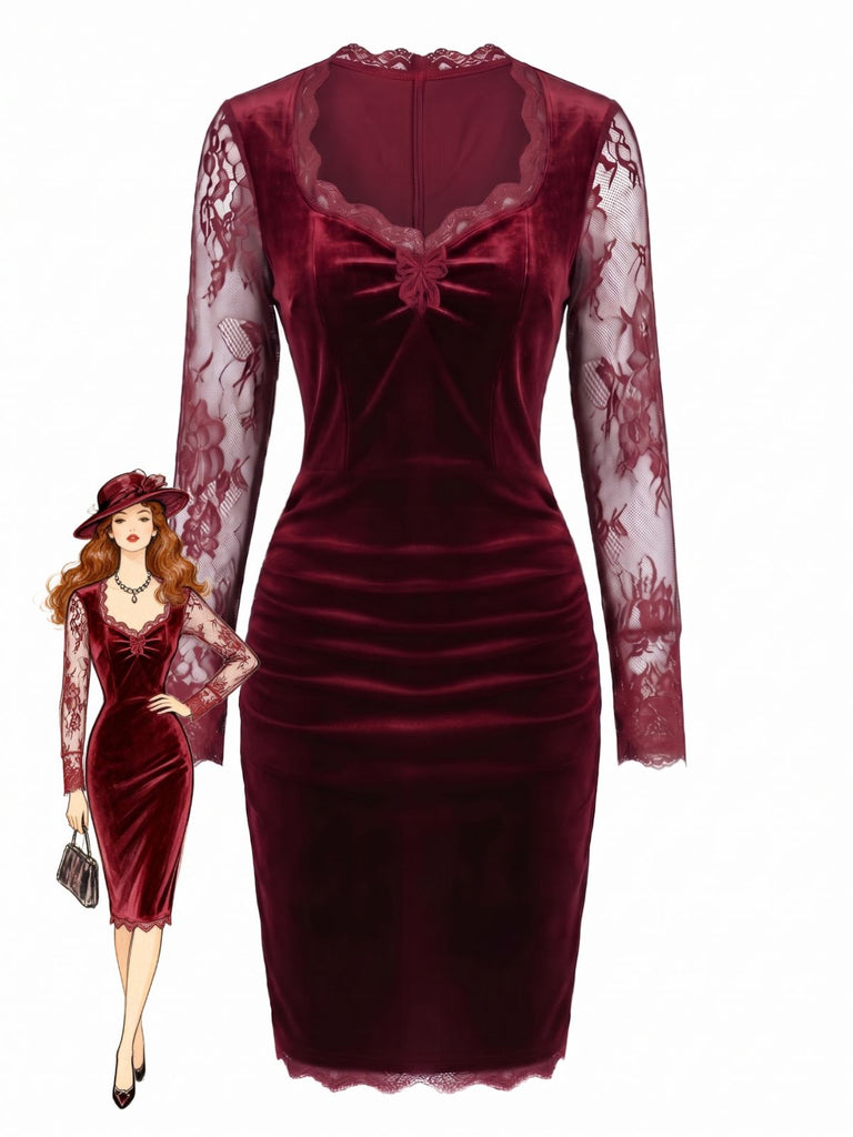 Robe moulante en velours à manches en dentelle Années 1960 - 1