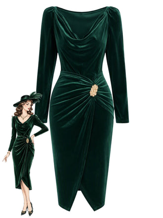 Robe moulante en velours à col drapé et taille drapée froncée Années 1960 - 1