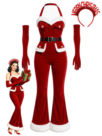 [Prévente] Combinaison évasée rouge en velours style utilitaire de Noël Années 1960 - 2