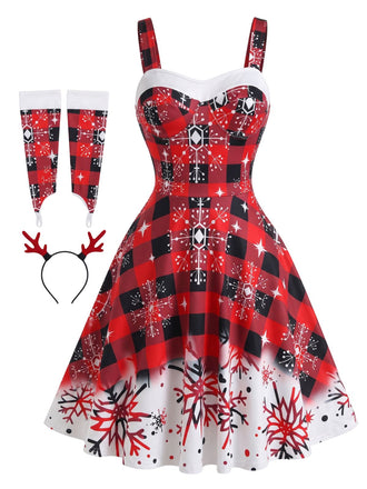 Ensemble robe rouge de Noël à carreaux, flocons et épaules dénudées Années 1950 - 1