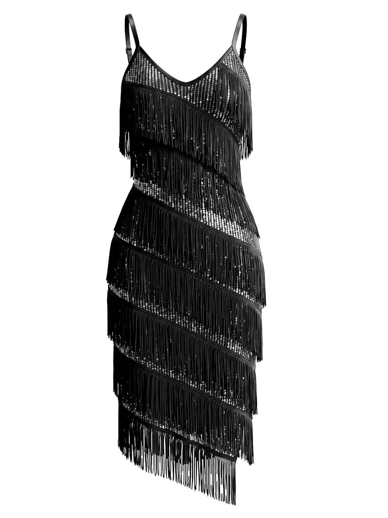 Robe de cocktail à sequins, franges et fines bretelles Années 1920 - 5