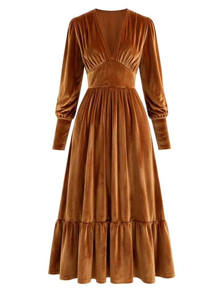 Robe en velours froncé à décolleté V profond et poignets ajustés Années 1970 - 2