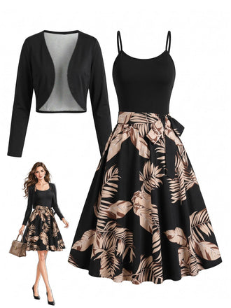 Ensemble robe dorée à imprimé palmiers, fines bretelles et nœud à la taille avec boléro Années 1950 - 1