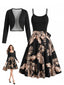 Ensemble robe dorée à imprimé palmiers fines bretelles et nœud avec boléro Années 1950