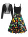 Ensemble robe dorée à imprimé palmiers, fines bretelles et nœud à la taille avec boléro Années 1950 - 4