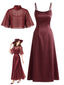 Ensemble robe nuisette unie satin rouge vin et châle années 1940