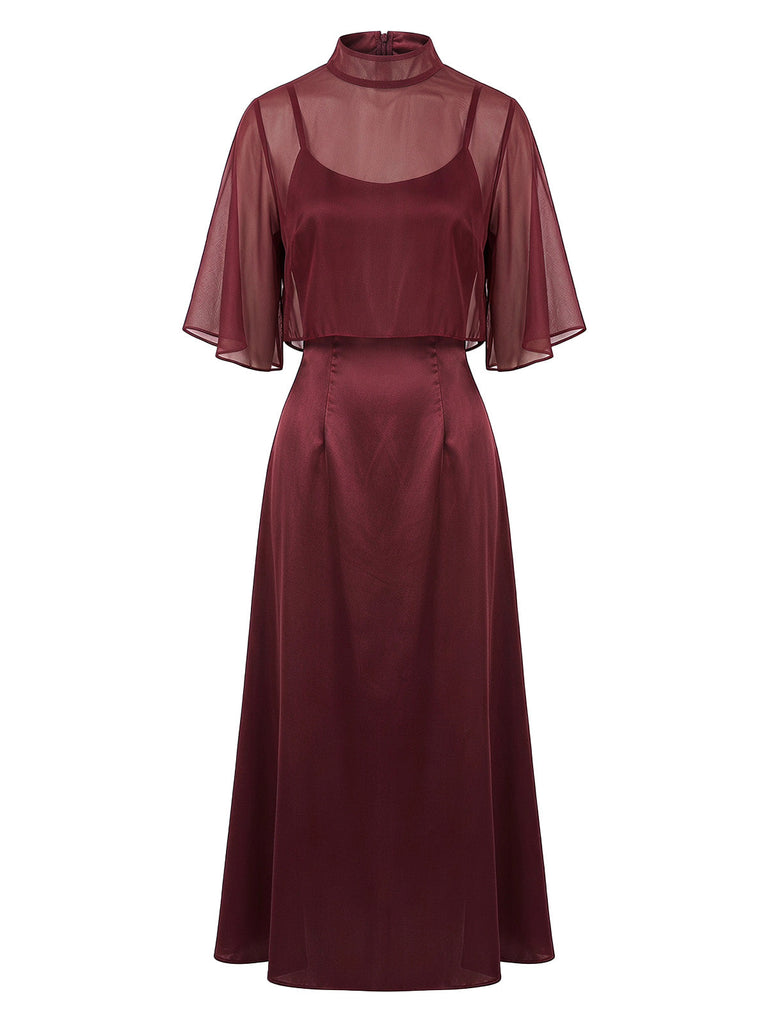 Ensemble robe à fines bretelles et châle en satin uni lie-de-vin Années 1940 - 4
