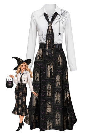 [Prévente] Robe noire d’Halloween à toiles d’araignée et château de sorcière années 1930
