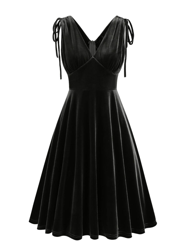 Robe trapèze en velours à col V et bretelles à nouer Années 1960 - 7