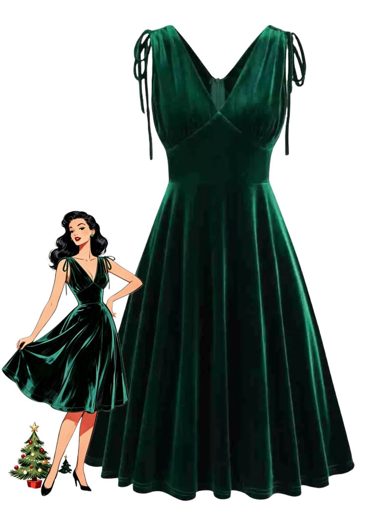 Robe trapèze en velours à col V et bretelles à nouer Années 1960 - 1