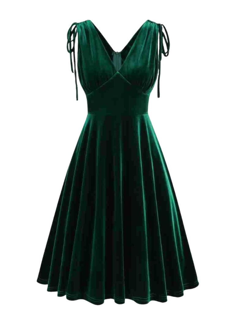 Robe trapèze en velours à col V et bretelles à nouer Années 1960 - 2