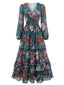 Robe longue manches longues col V motif floral et volants années 1930