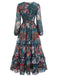 Robe longue florale à étages, col V et manches longues Années 1930 - 2