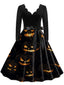Robe évasée d’Halloween à citrouilles et chauves-souris années 1940
