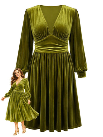 [Grande Taille] Robe vert militaire en velours uni à col V Années 1950 - 1