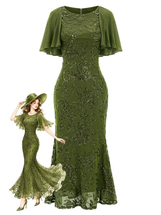 Robe sirène verte à broderies florales à sequins Années 1920 - 1