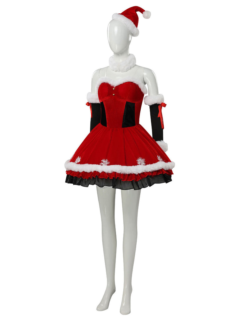 Ensemble robe de Noël rouge en velours à bordure en fourrure, flocons et nœud Années 1950 - 4